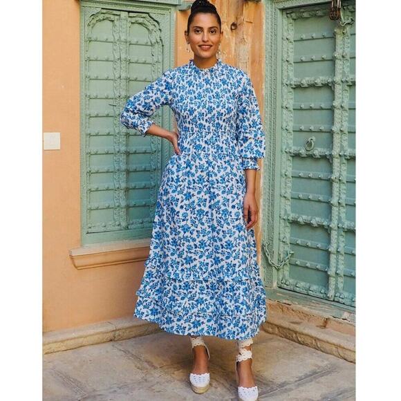 PINK CITY PRINTS Tuckernuck Isabel High Neck Smocked Midi Dress Riviera Blue NWT - Picture 1 of 7